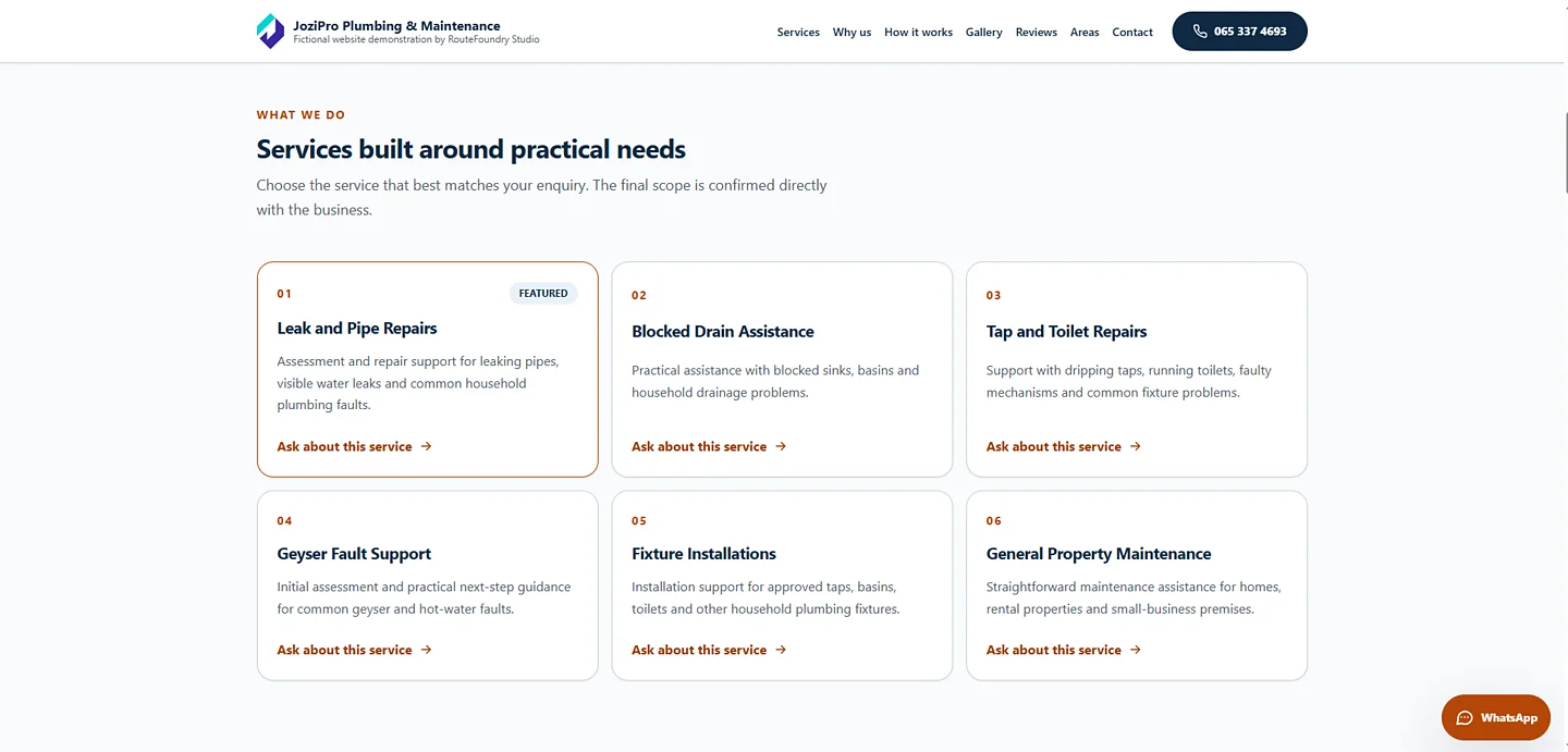 Services section of the fictional JoziPro Plumbing & Maintenance website, showing six plumbing service cards.